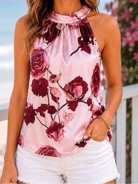Le Château Floral Halter Neck Blouse Pink Rose Print Sleeveless Top XS
